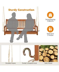 Gymax 2-Seat Patio Hanging Wooden Porch Swing Bench w/ Cushion & Hanging Ropes