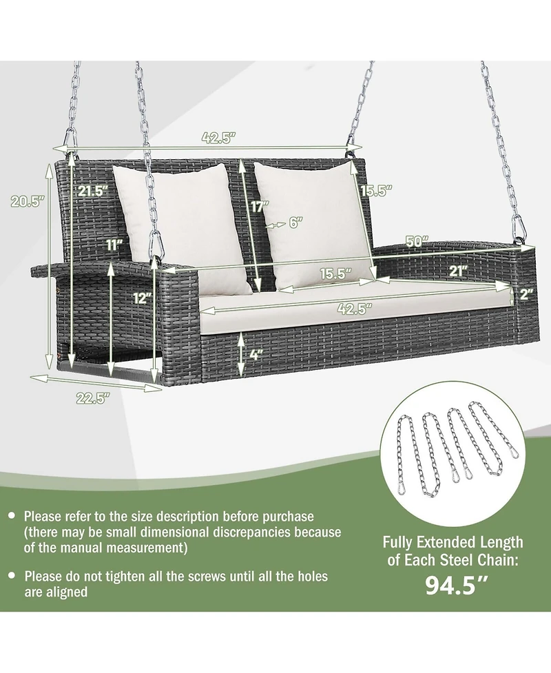 Gymax 2-Person Patio Hanging Porch Swing Rattan 800LBS Swing Bench w/ Cushions