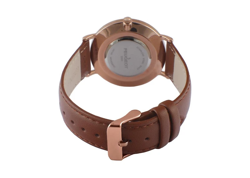 Peugeot Men's 40mm Rose-Gold Super Slim Case Leather Strap Watch