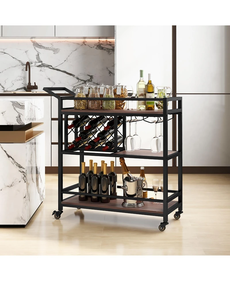 3-tier Bar Cart on Wheels Home Kitchen Serving Cart with Wine Rack and Glasses Holder