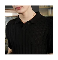Campus Sutra Men's Obsidian Black Stripe-Textured Polo T-Shirt