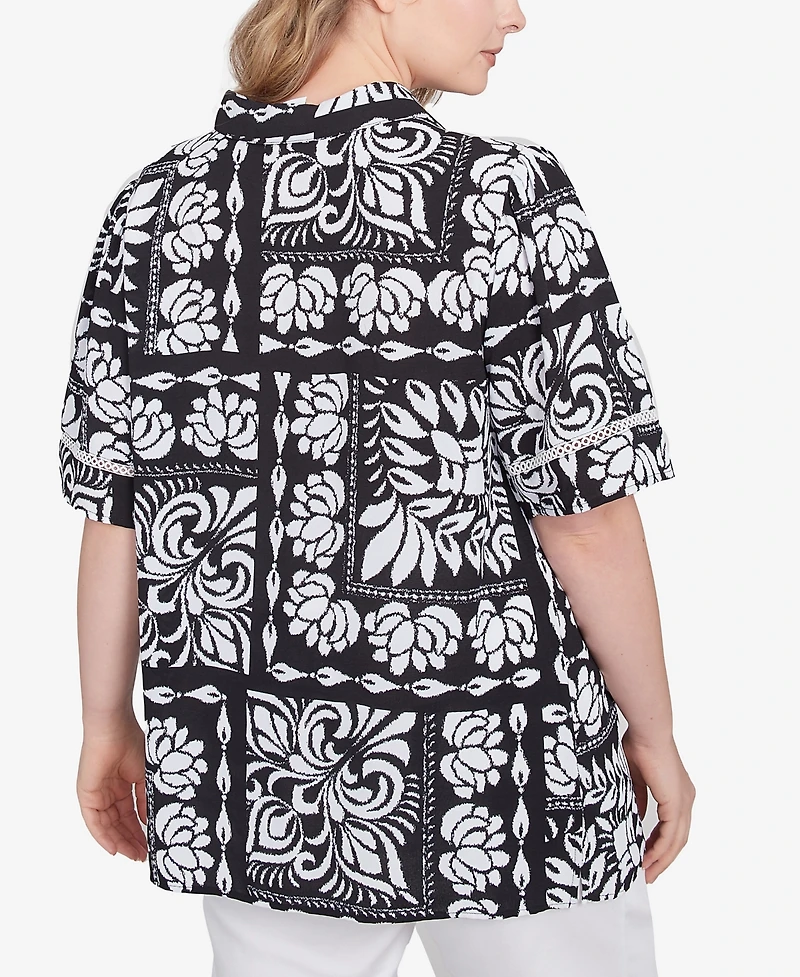Ruby Rd. Plus Size Lotus Patchwork Button Front Camp Shirt