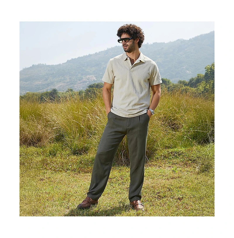 Campus Sutra Men's Cream White Veined-Tactile Polo T-Shirt