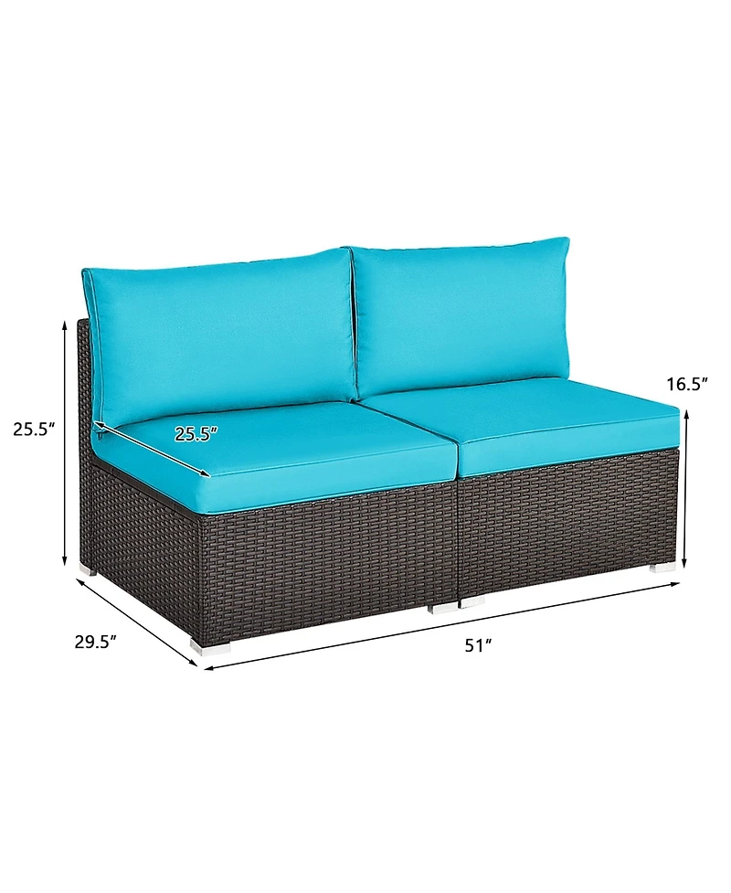 Gymax 2PCS Patio Wicker Rattan Sectional Armless Chair Sofa w/ Turquoise Cushion