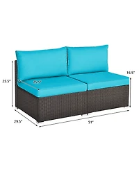 Gymax 2PCS Patio Wicker Rattan Sectional Armless Chair Sofa w/ Turquoise Cushion