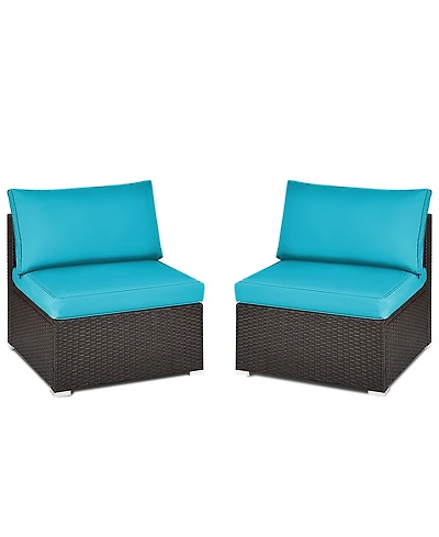 Gymax 2PCS Patio Wicker Rattan Sectional Armless Chair Sofa w/ Turquoise Cushion