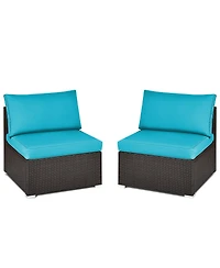 Gymax 2PCS Patio Wicker Rattan Sectional Armless Chair Sofa w/ Turquoise Cushion