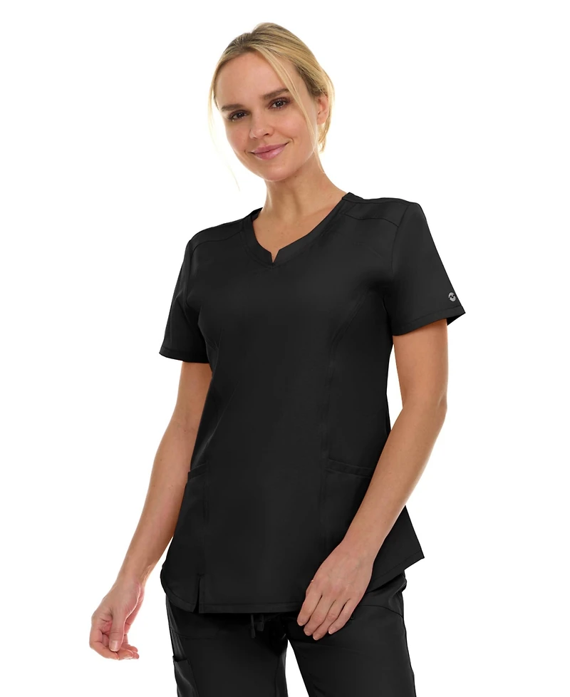 Medichic Women's Scrubs V-Neck Notch Fashion Stretch Scrub Top with Two Pockets, Flex Easy Care Fabric, Bubble Gum, Large