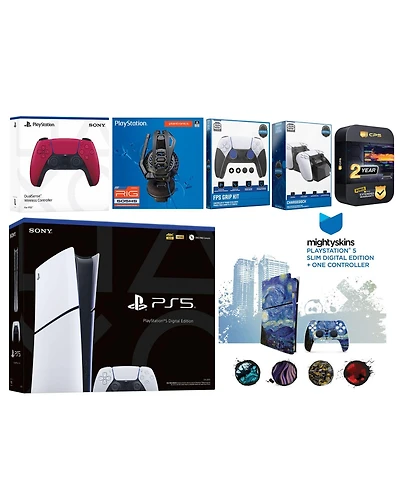 Sony Playstation 5 Slim Digital with Extra Cosmic Red Controller, Plantronics Headset, Fps Grip Kit, Charge Dock and MightySkins Decal Voucher + 2 Yea