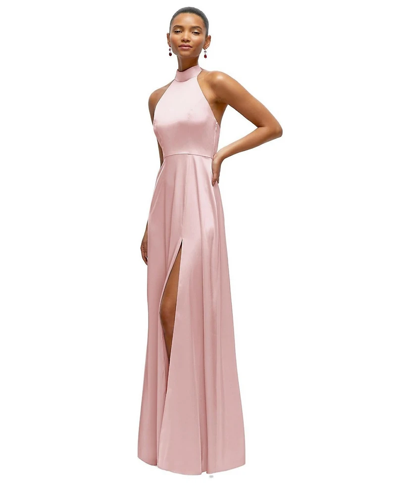 After Six Women's Band Collar Halter Open Back Fluid Satin Maxi Dress with Self-Tie Bow