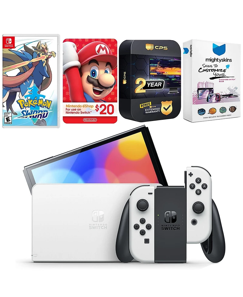 Nintendo Switch White Oled Console with Pokemon Sword, Nintendo $20 eShop Gift Card, MightySkins Console and Controller Skin Voucher, and 2 Year Cps E