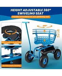 Multi-Functional Rolling Garden Cart with Swivel Seat & Large Storage Basket