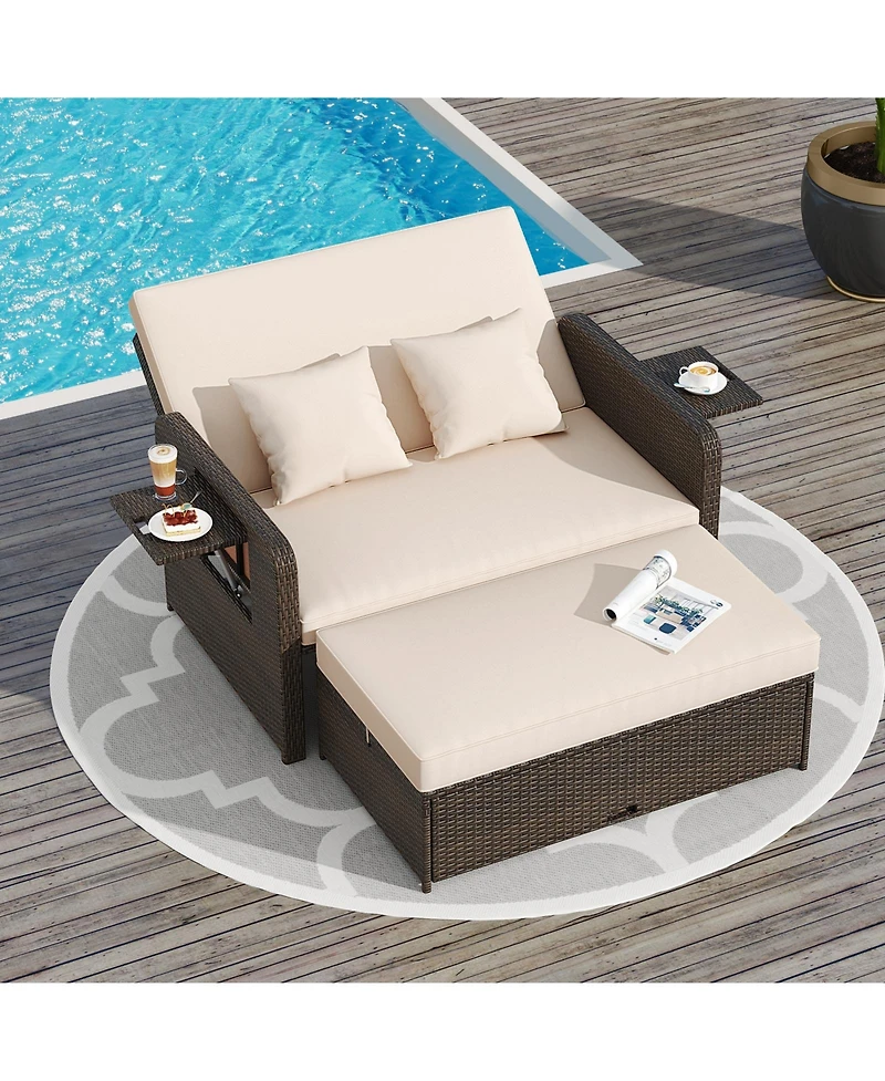 Modular Outdoor Adjustable Daybed Set with Plush Cushions and Storage Ottoman
