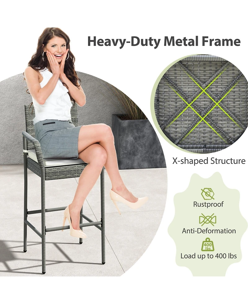 Set of 2 Patio Barstools – Wicker Outdoor Chairs with Cushions & Armrests