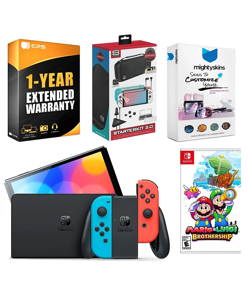 Nintendo Switch Neon Red & Blue Oled Console with Mario & Luigi: Brothership, Surge Accessory Gaming Kit, MightySkins Console and Controller Skin Vouc