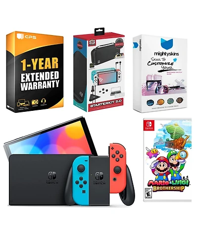 Nintendo Switch Neon Red & Blue Oled Console with Mario & Luigi: Brothership, Surge Accessory Gaming Kit, MightySkins Console and Controller Skin Vouc