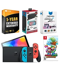 Nintendo Switch Neon Red & Blue Oled Console with Mario & Luigi: Brothership, Surge Accessory Gaming Kit, MightySkins Console and Controller Skin Vouc