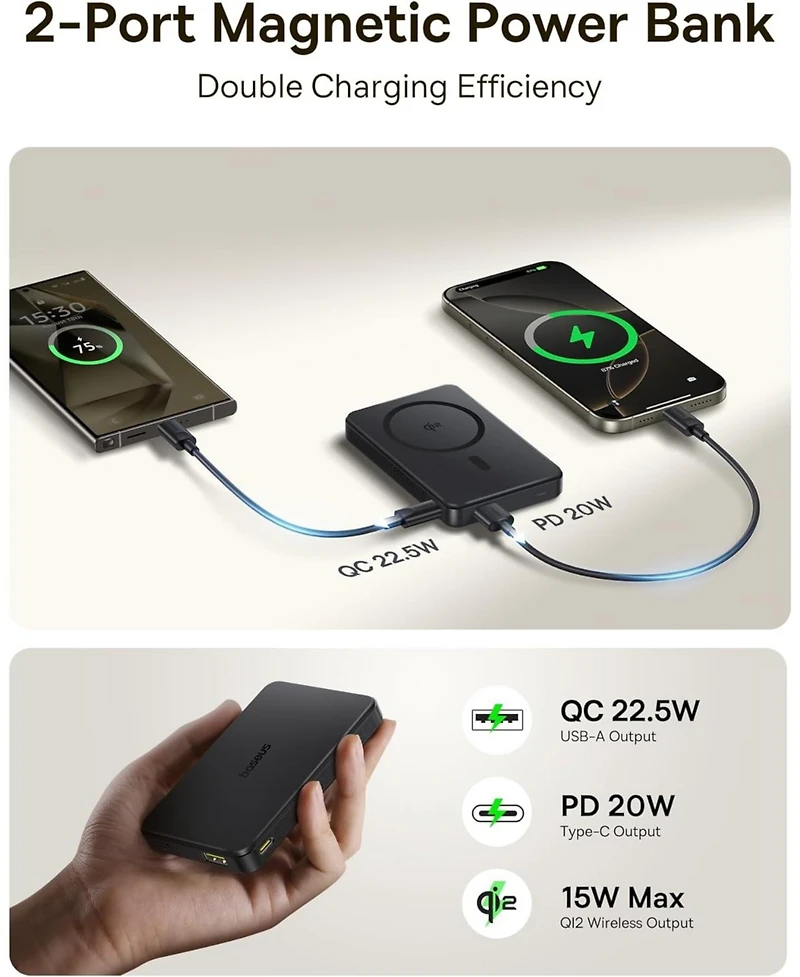 Baseus Magsafe Portable Charger, Qi2 Certified 10,000mAh Magnetic Power Bank, 2-Port Wireless Magsafe Battery Pack with Fast Charging Usb-c & Usb-a fo