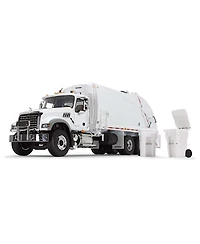 First Gear 1/34 White Mack Granite Mp w/ McNeilus Rear Load Refuse Truck & Trash Cans 10-4213