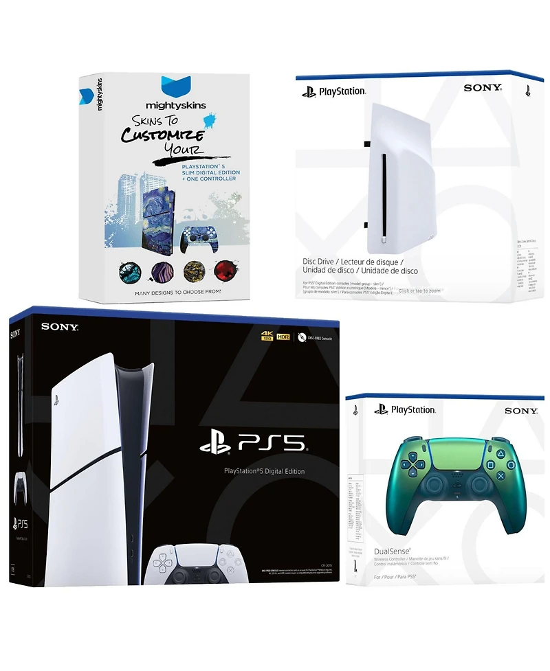 Sony PlayStation 5 Slim Digital Bundle with Disc Drive, Extra Controller and MightySkins Code - Chroma Indigo