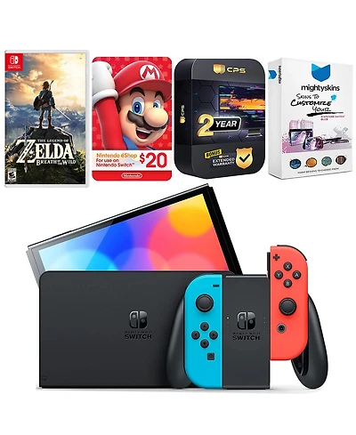 Nintendo Switch Neon Red & Blue Oled Console with Legend of Zelda Breath of the Wild, Nintendo $20 eShop Gift Card, MightySkins Console and Controller