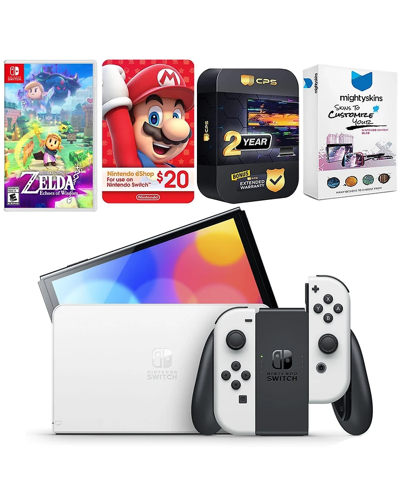 Nintendo Switch White Oled Console with The Legend Of Zelda Echoes Of Wisdom, Nintendo $20 eShop Gift Card, MightySkins Console and Controller Skin Vo