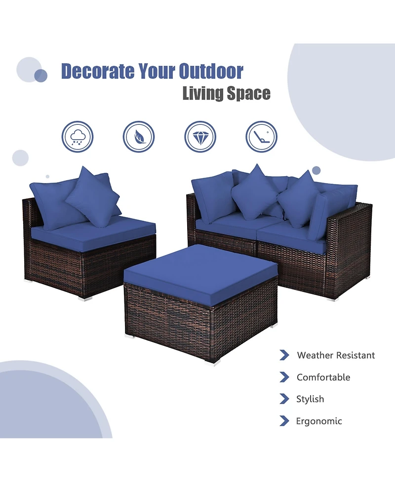 Gymax 4PCS Rattan Patio Conversation Furniture Set Yard Outdoor w/ Navy Cushion