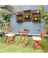 Gymax 3PCS Folding Acacia Wood Bistro Set Patio Conversation Set w/ Cushions
