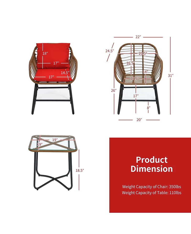 Gymax 3 Piece Patio Conversation Furniture Set Outdoor Bistro Set With Cushions