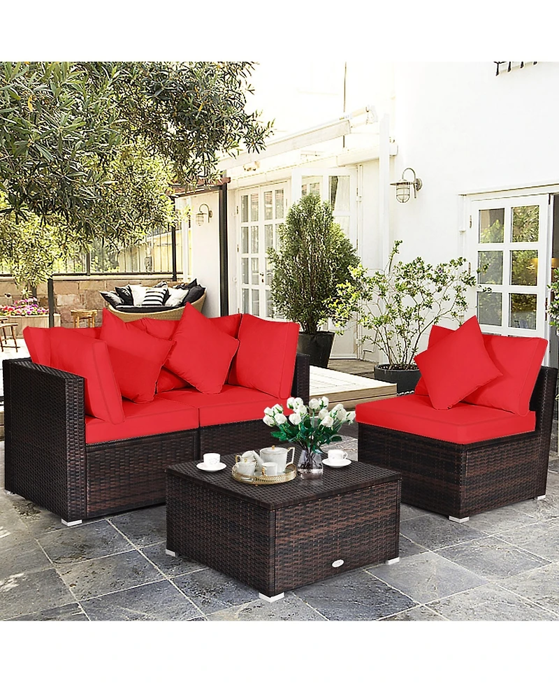 Gymax 4PCS Rattan Patio Conversation Furniture Set Yard Outdoor w/ Red Cushion