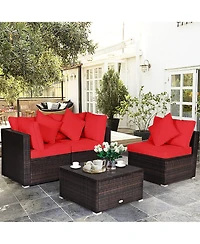 Gymax 4PCS Rattan Patio Conversation Furniture Set Yard Outdoor w/ Red Cushion