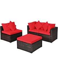 Gymax 4PCS Rattan Patio Conversation Furniture Set Yard Outdoor w/ Red Cushion