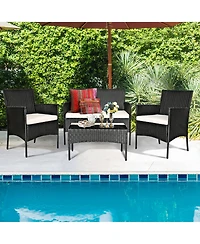 Gymax 4PCS Patio Rattan Conversation Set Outdoor Furniture Set w/ Cushion