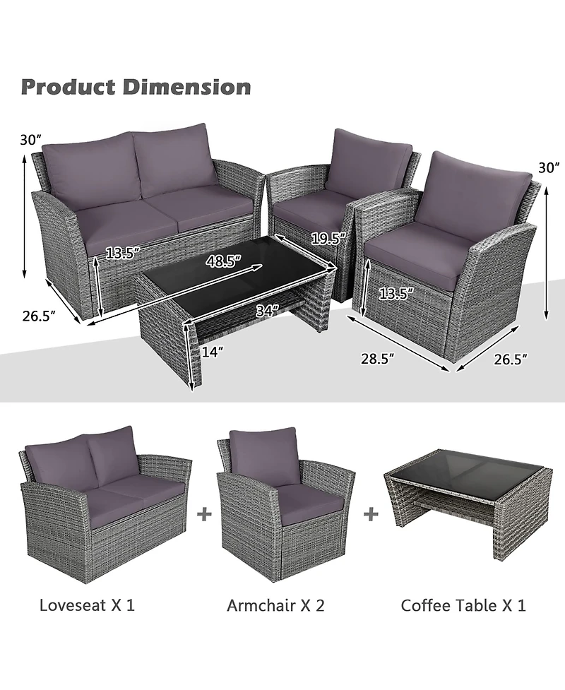 Gymax 4PCS Patio Rattan Conversation Set Outdoor Furniture Set w/ Grey Cushions