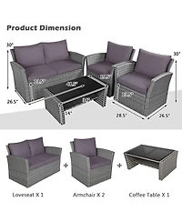 Gymax 4PCS Patio Rattan Conversation Set Outdoor Furniture Set w/ Grey Cushions