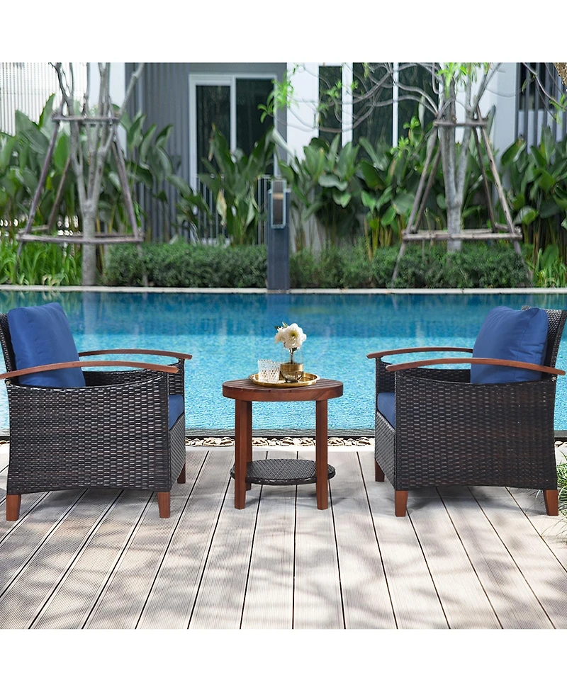 Gymax 3PCS Patio Wicker Rattan Conversation Set Outdoor Furniture Set w/ Cushion