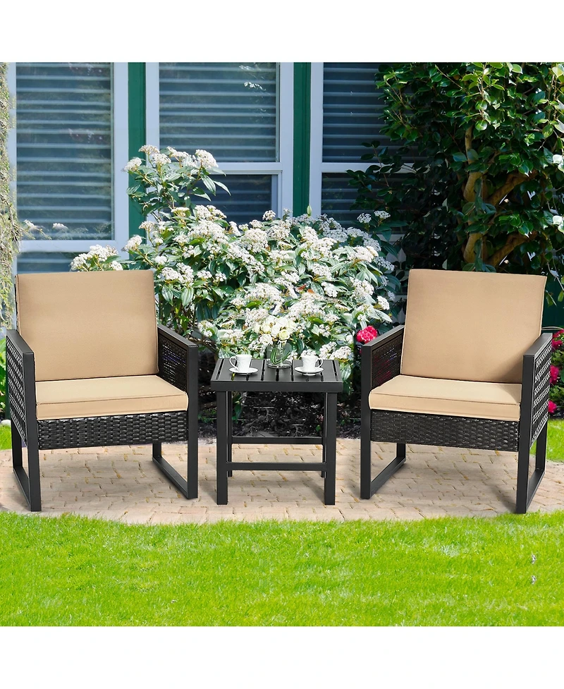 Gymax 3Pieces Rattan Outdoor Bistro Set Patio Conversation Furniture Set with Cushions