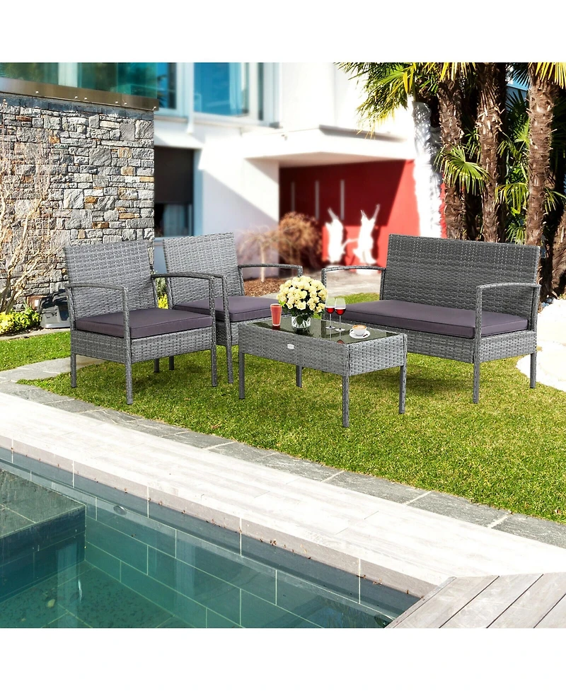 Gymax 4Pieces Rattan Patio Furniture Set Outdoor Wicker Conversation Set with Cushions