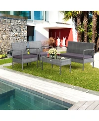Gymax 4Pieces Rattan Patio Furniture Set Outdoor Wicker Conversation Set with Cushions