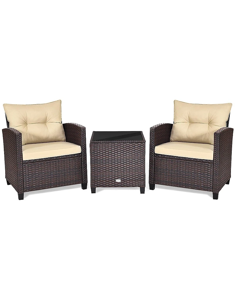 Gymax 3PCS Patio Outdoor Rattan Conversation Set w/ Cushion Coffee Table