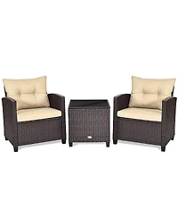Gymax 3PCS Patio Outdoor Rattan Conversation Set w/ Cushion Coffee Table