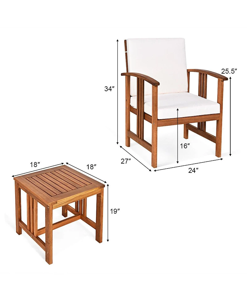 Gymax 3PC Outdoor Patio Sofa Furniture Set Solid Wood Cushioned Conversation Set White