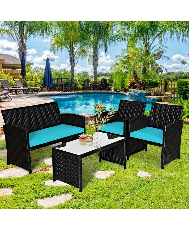 Gymax 4PCS Rattan Outdoor Conversation Set Patio Furniture Set w/ Turquoise Cushions