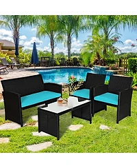 Gymax 4PCS Rattan Outdoor Conversation Set Patio Furniture Set w/ Turquoise Cushions