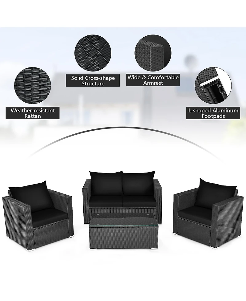 Gymax 4 Piece Rattan Outdoor Furniture Set Patio Conversation Set Cushions and Coffee Table