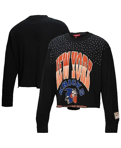 Mitchell & Ness Women's Black New York Knicks Hardwood Classics Studded Boxy Cropped Long Sleeve T-Shirt