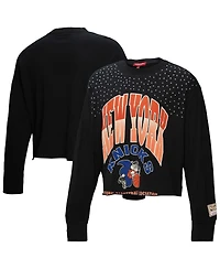 Mitchell & Ness Women's Black New York Knicks Hardwood Classics Studded Boxy Cropped Long Sleeve T-Shirt