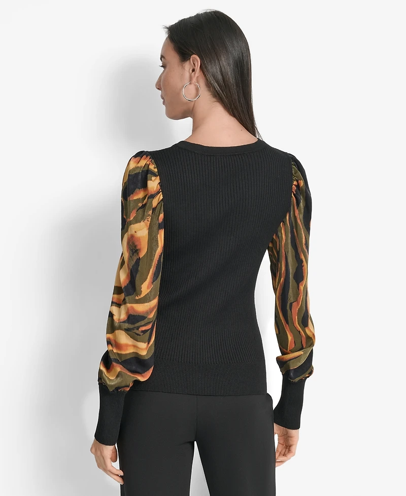 Dkny Women's V-Neck Rib-Knit Satin-Long-Sleeve