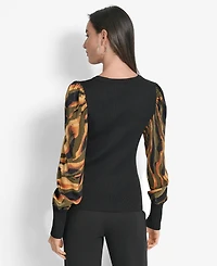 Dkny Women's V-Neck Rib-Knit Satin-Long-Sleeve