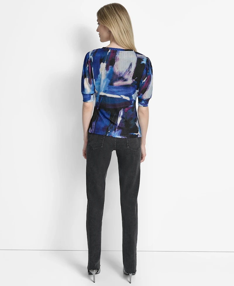 Dkny Women's Printed Puff-Sleeve Ruched Top